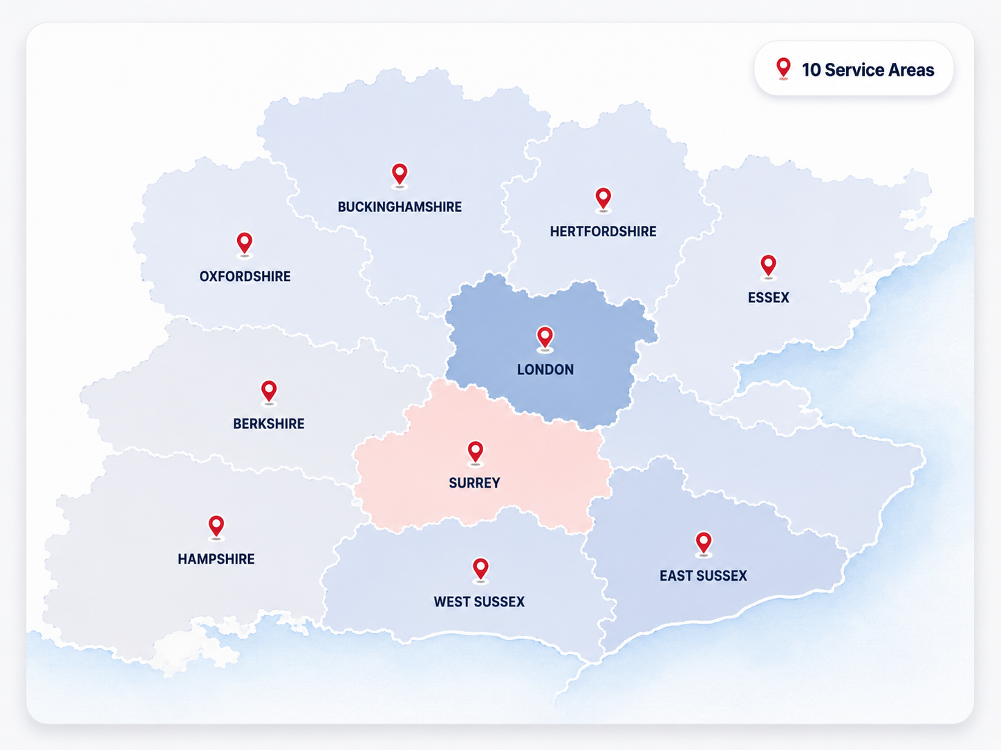 Emergency Electrician service area map covering London, Surrey, Essex, Berkshire, Buckinghamshire, Hertfordshire, Hampshire, Oxfordshire, East Sussex and West Sussex
