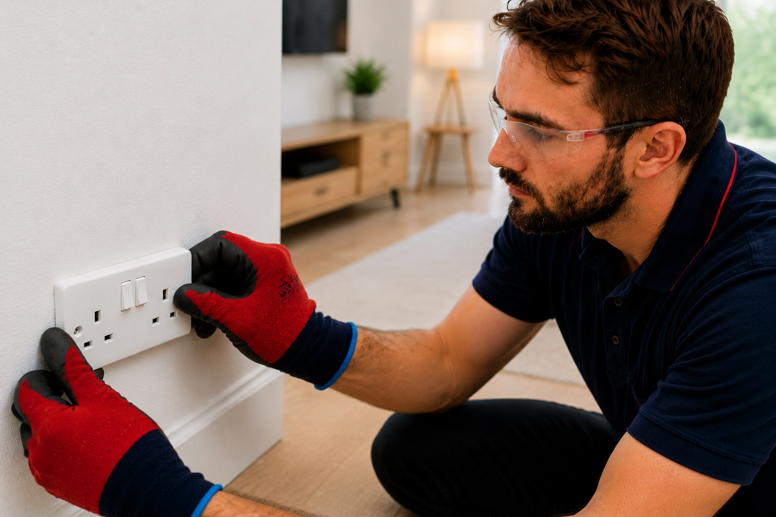 Electrician repairing a faulty household socket