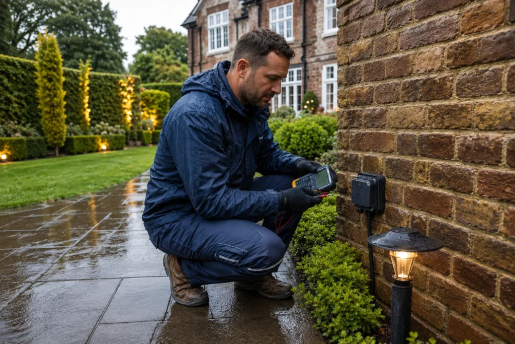 Electrician testing outdoor electrics after rain at a Cobham property