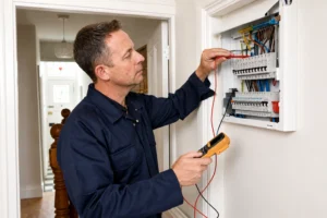 Electrician working on circuit panel