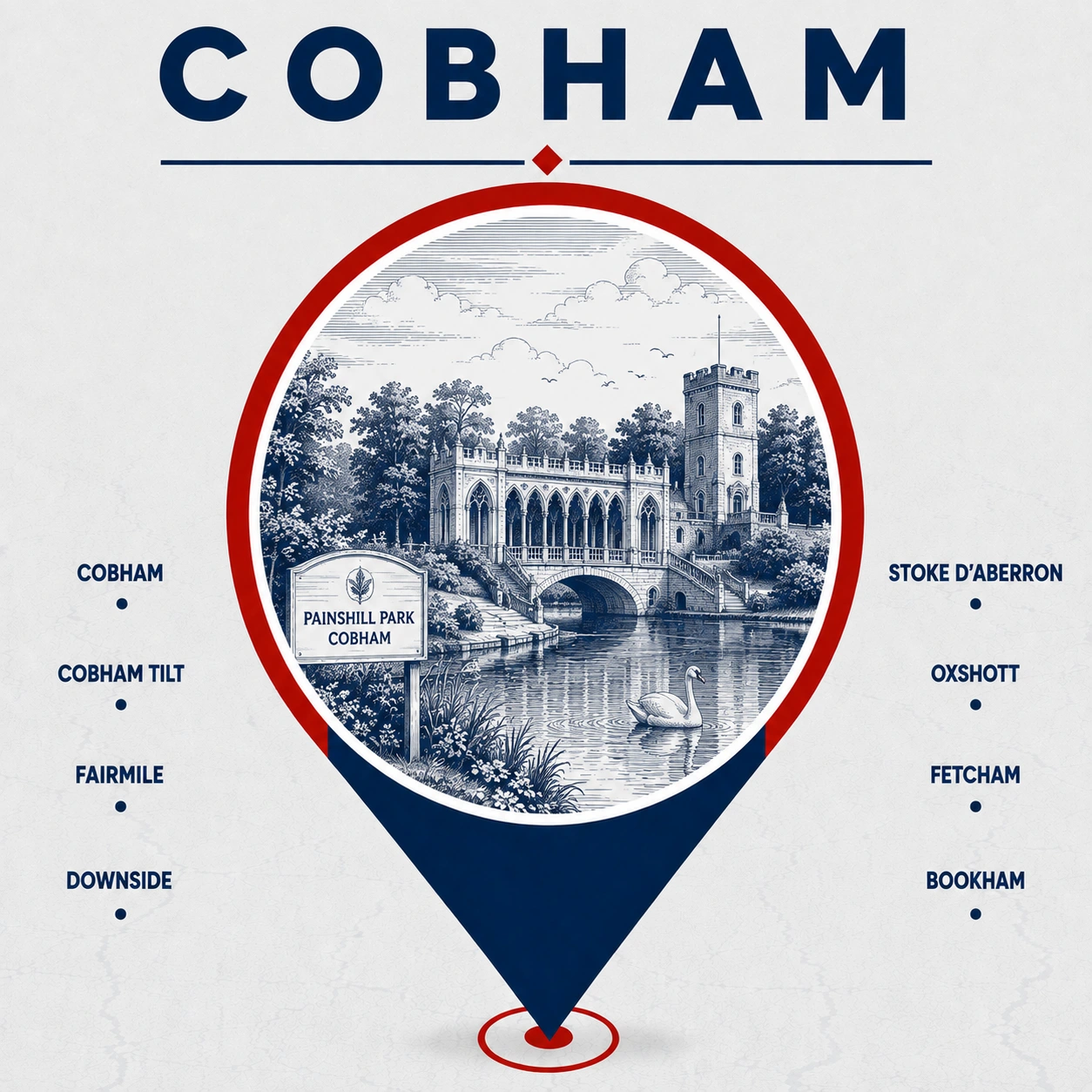 Map showing emergency electrician service areas around Cobham