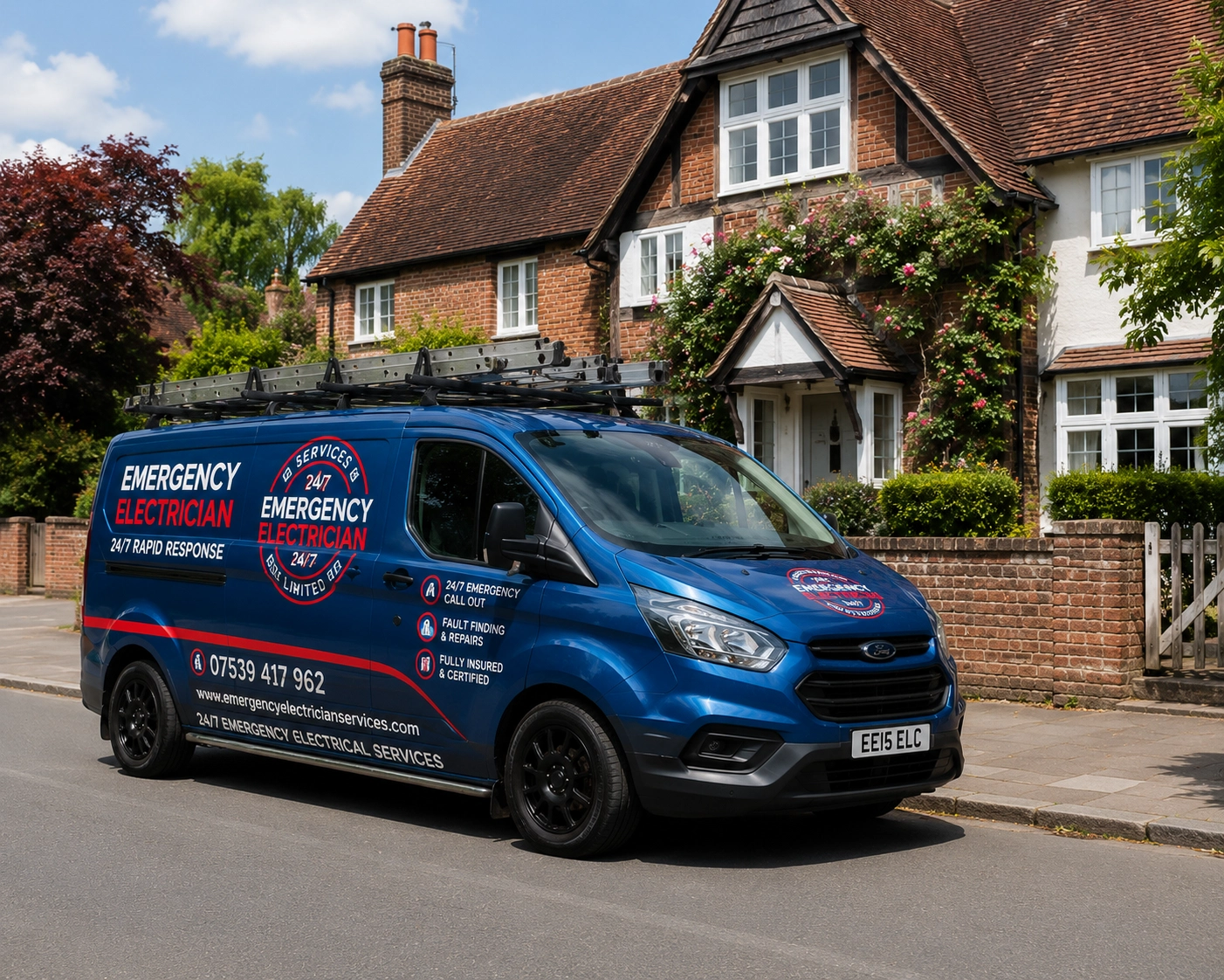 Emergency electrician service vehicle outside a Brighton property