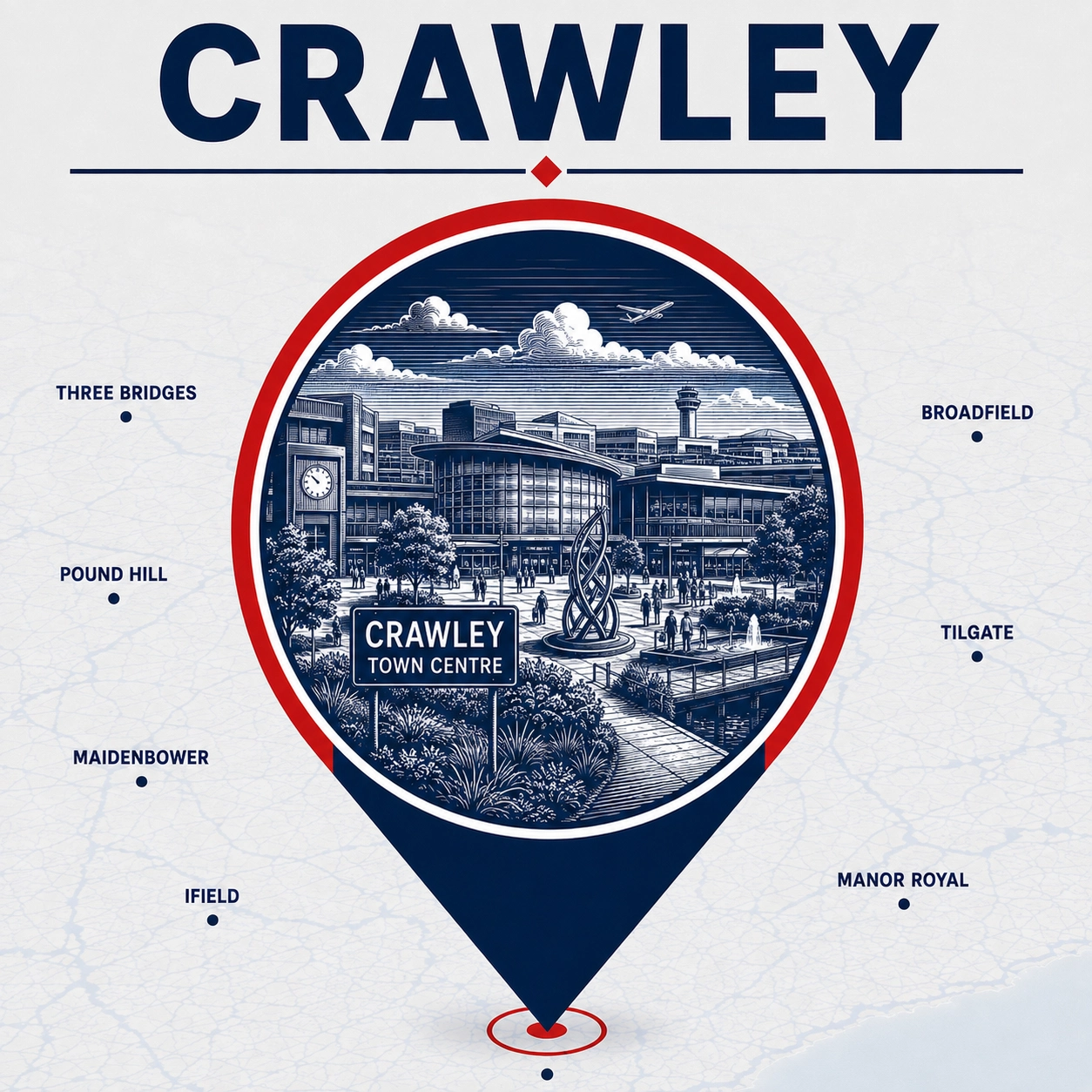 Map showing Crawley and surrounding emergency electrician coverage areas