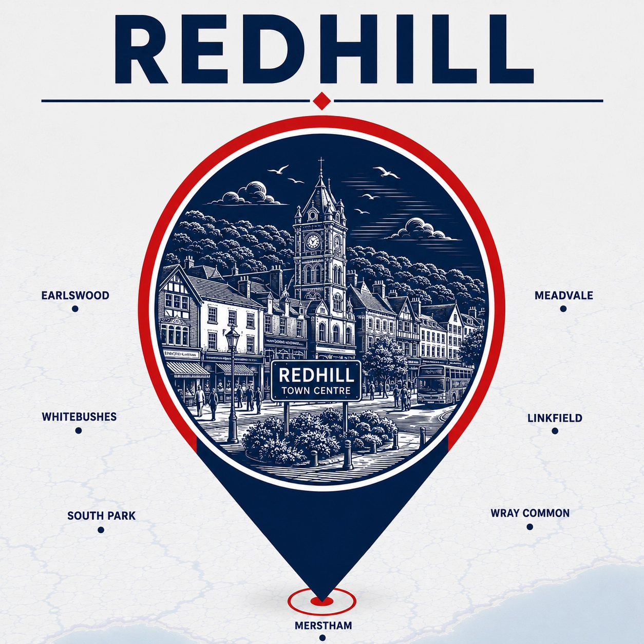 Map showing Redhill and surrounding emergency electrician coverage areas