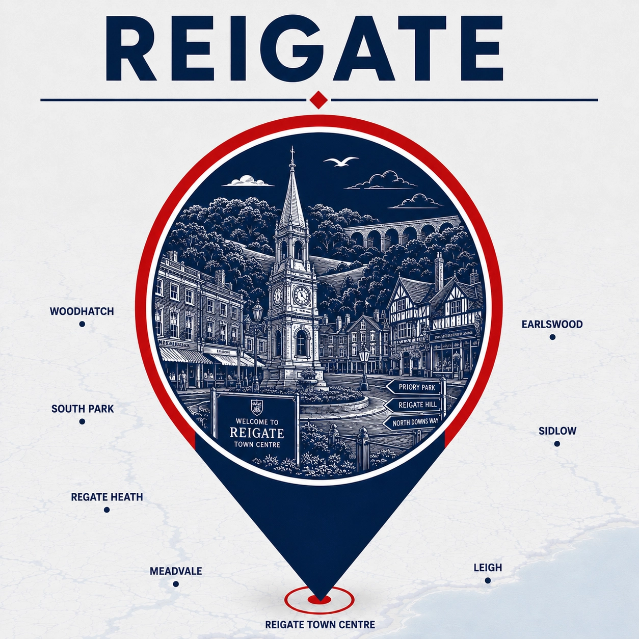 Map showing Reigate and surrounding emergency electrician coverage areas