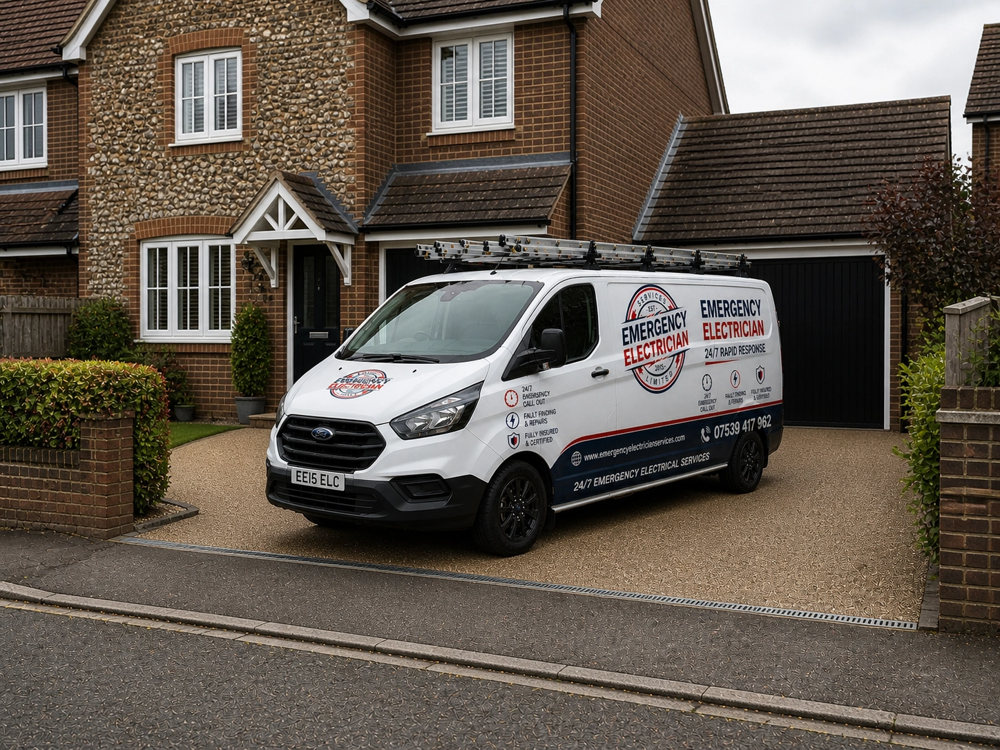 Emergency electrician service van outside a Portsmouth home