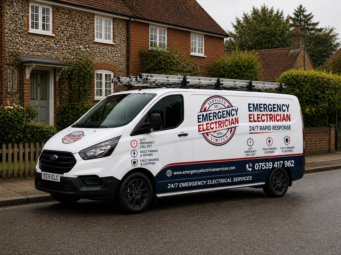 Emergency electrician service van outside a residential property in Selsey