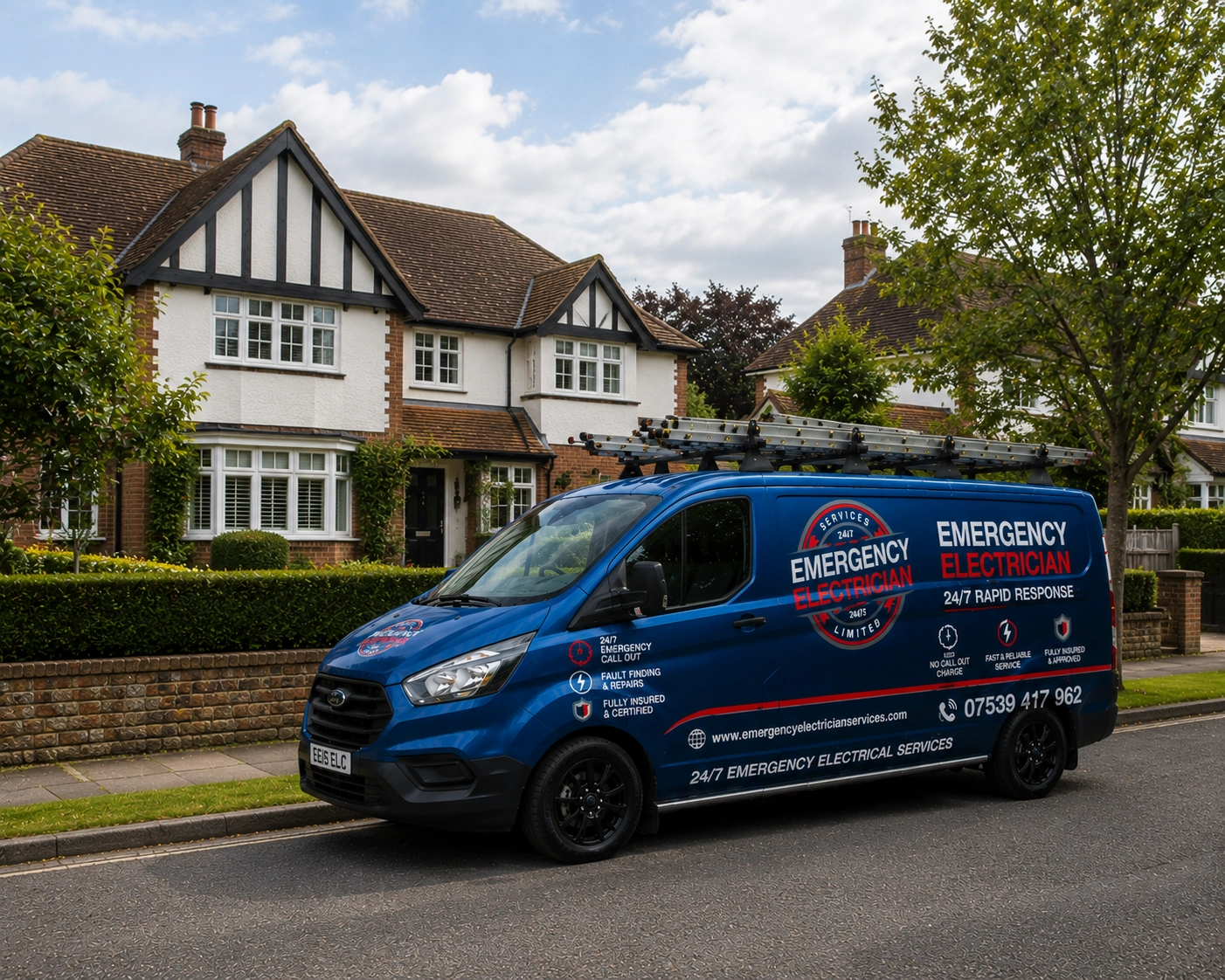Emergency electrician van attending a home in Woking, Surrey