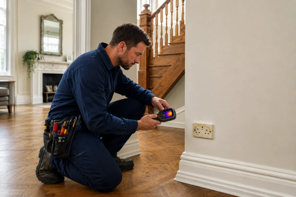 Electrician checking a warm socket in an older Guildford home