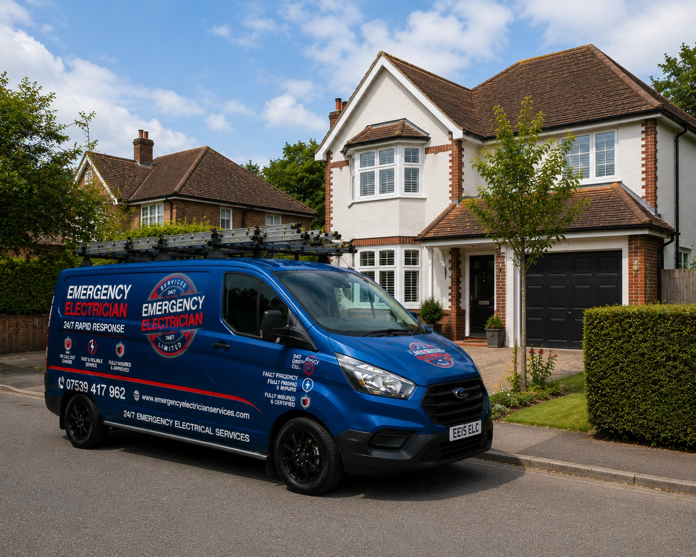 Emergency electrician van outside a home in Oxford